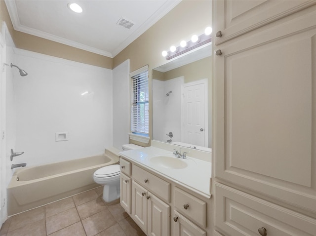 12620 Briar Patch Rd, Houston, TX 77077 - bathroom featuring crown molding, toilet, tile patterned flooring, visible vents, and bathing tub / shower combination