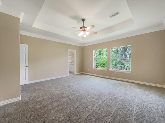 12620 Briar Patch Rd, Houston, TX 77077 - unfurnished room with a tray ceiling, visible vents, baseboards, carpet, and a ceiling fan