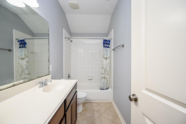 bathroom featuring shower / bath combo, vanity, toilet, vaulted ceiling, and tile patterned flooring