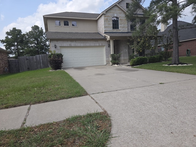 traditional-style home with a front lawn, driveway, stone siding, and fence