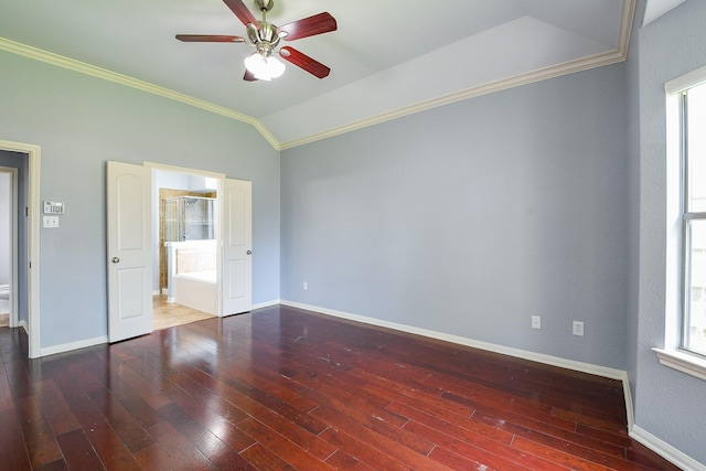 1106 Windsor Chase Ln, Spring, TX 77373 - unfurnished bedroom featuring ornamental molding, lofted ceiling, hardwood / wood-style floors, baseboards, and connected bathroom