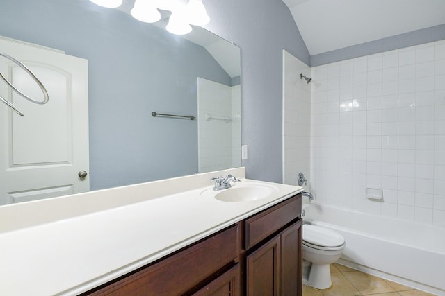 1106 Windsor Chase Ln, Spring, TX 77373 - bathroom with vaulted ceiling, toilet, vanity, bathtub / shower combination, and tile patterned floors