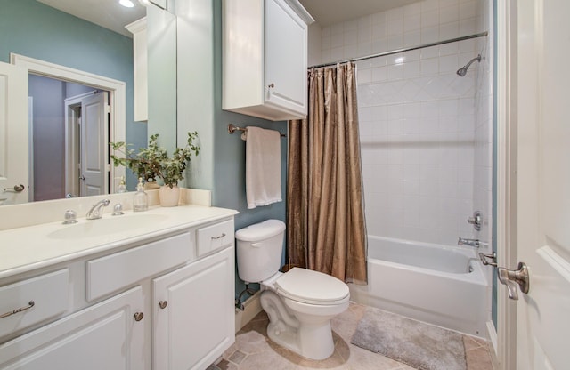 bathroom with tile patterned flooring, toilet, vanity, and shower / bathtub combination with curtain