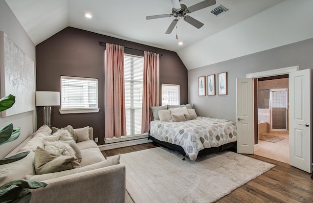 bedroom with recessed lighting, lofted ceiling, visible vents, and dark wood-style flooring