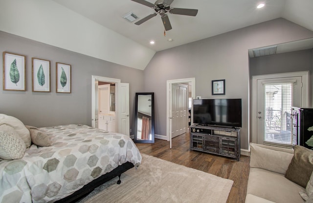 bedroom with recessed lighting, vaulted ceiling, visible vents, wood finished floors, and baseboards