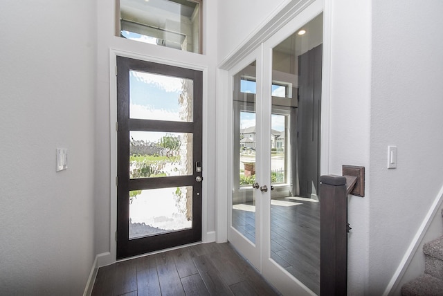 doorway to outside featuring french doors, baseboards, dark wood-type flooring, and a healthy amount of sunlight