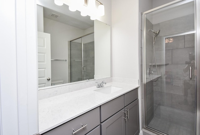 full bathroom with a shower stall, visible vents, toilet, and vanity