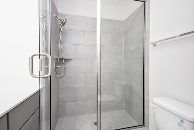 bathroom with vanity, toilet, and a stall shower