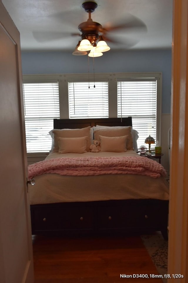 bedroom with a ceiling fan, wood finished floors, and multiple windows