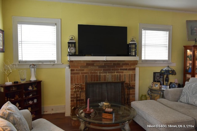 living room with a fireplace, wood finished floors, crown molding, and baseboards