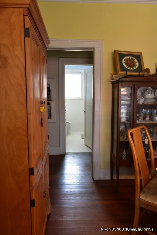hall featuring baseboards and dark wood-style flooring