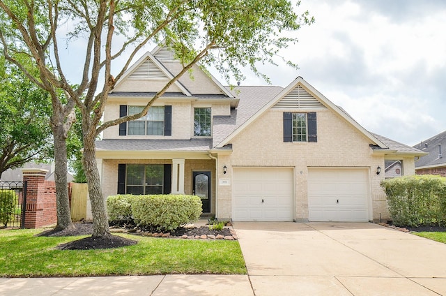 3911 Fallsbrook Ct, Sugar Land, TX 77479 - view of front of home with concrete driveway, a shingled roof, fence, a garage, and brick siding