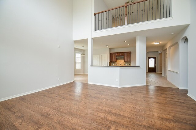 3911 Fallsbrook Ct, Sugar Land, TX 77479 - unfurnished living room with a towering ceiling, baseboards, wood finished floors, and arched walkways