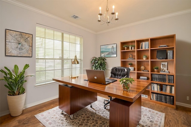 3911 Fallsbrook Ct, Sugar Land, TX 77479 - office area featuring baseboards, wood finished floors, and an inviting chandelier