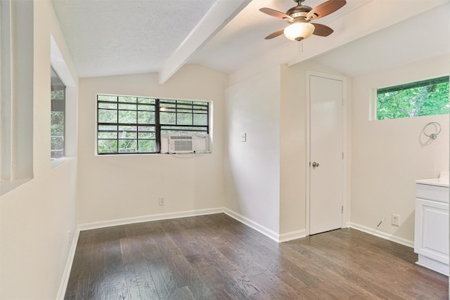 224 Clear Lake Rd, Clear Lake Shores, TX 77565 - unfurnished room with vaulted ceiling with beams, baseboards, a ceiling fan, and dark wood finished floors