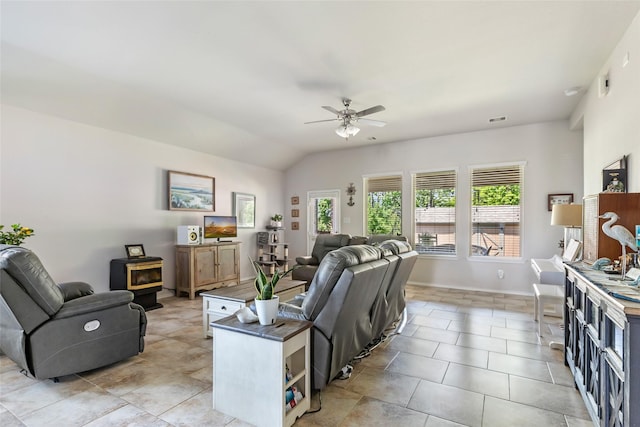 22086 Sun Haven Ln, Porter, TX 77365 - living area featuring lofted ceiling, visible vents, light tile patterned flooring, baseboards, and ceiling fan