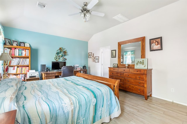 22086 Sun Haven Ln, Porter, TX 77365 - bedroom with light wood-type flooring, ceiling fan, baseboards, lofted ceiling, and visible vents
