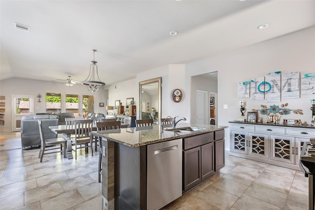 22086 Sun Haven Ln, Porter, TX 77365 - kitchen featuring visible vents, stainless steel dishwasher, a sink, light stone countertops, and dark brown cabinetry
