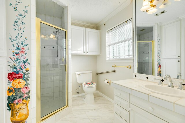 2610 Gerol Ct, Galveston, TX 77551 - bathroom with a shower stall, marble finish floor, toilet, crown molding, and baseboards
