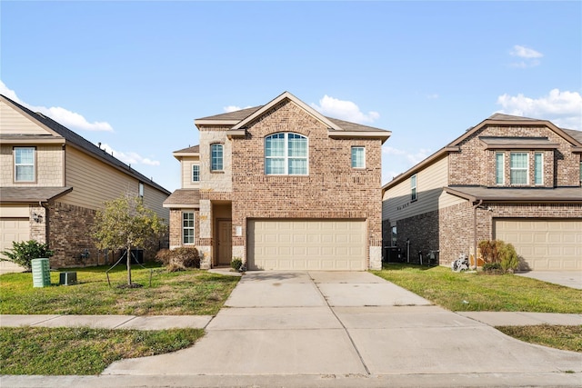 traditional-style home with an attached garage, a front lawn, driveway, and brick siding