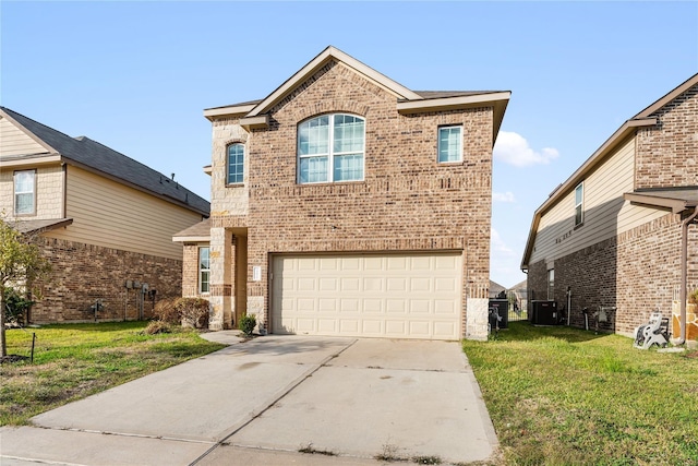 traditional-style home with an attached garage, brick siding, central AC unit, and driveway