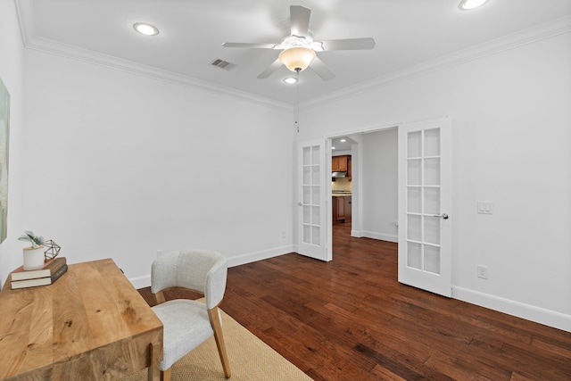 2939 Persimmon Grv, Richmond, TX 77469 - home office featuring french doors, a ceiling fan, ornamental molding, baseboards, and dark wood finished floors