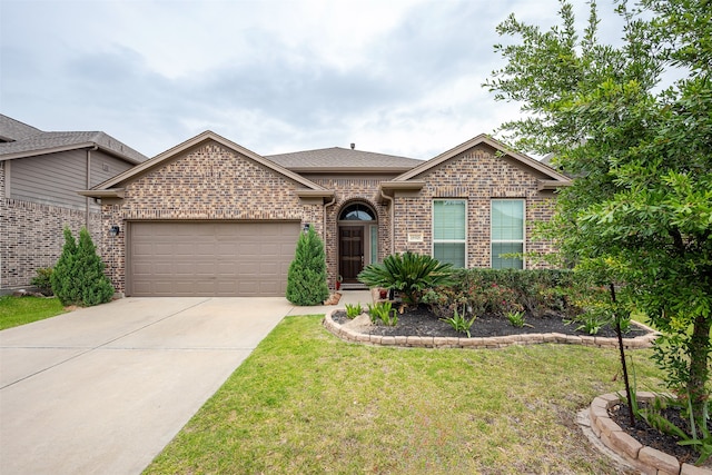 18918 Flintlock Forest Ln, Cypress, TX 77429 - view of front of property with an attached garage, brick siding, concrete driveway, a front yard, and a shingled roof