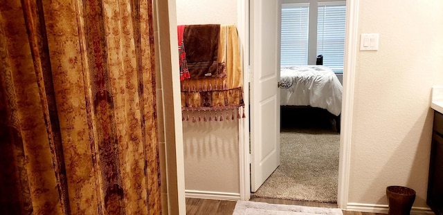 bathroom featuring wood finished floors, vanity, and ensuite bathroom