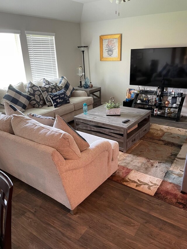 living area featuring a ceiling fan and wood finished floors
