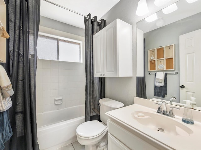 2806 Village Dl, Houston, TX 77059 - bathroom with shower / bathtub combination with curtain, toilet, vanity, tile patterned flooring, and a textured wall
