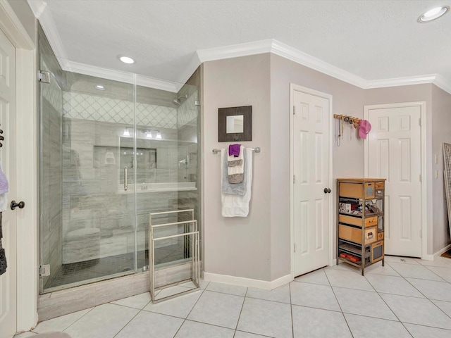2806 Village Dl, Houston, TX 77059 - bathroom with crown molding, baseboards, tile patterned flooring, a stall shower, and recessed lighting