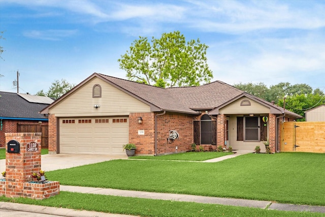 ranch-style home featuring concrete driveway, a front yard, an attached garage, fence, and brick siding