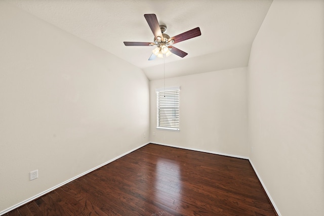 7234 Rambling Tree Ln, Richmond, TX 77407 - empty room with wood finished floors, baseboards, vaulted ceiling, and ceiling fan