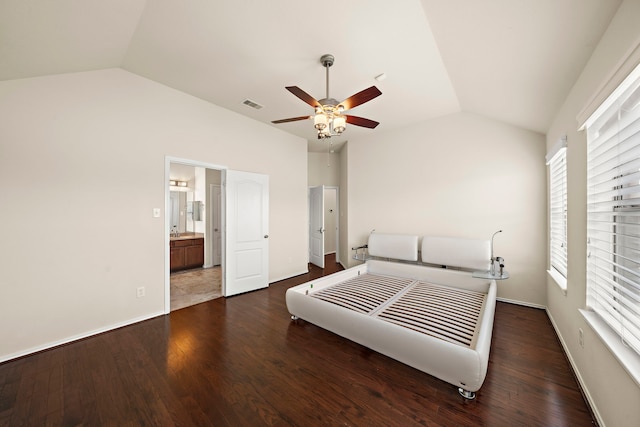 7234 Rambling Tree Ln, Richmond, TX 77407 - bedroom with vaulted ceiling, visible vents, a ceiling fan, and wood finished floors