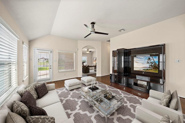 7234 Rambling Tree Ln, Richmond, TX 77407 - living room with visible vents, wood finished floors, ceiling fan, and vaulted ceiling