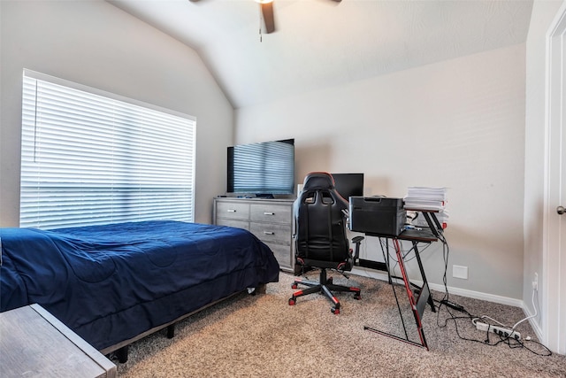 108 Alessandra Way, Huntsville, TX 77320 - bedroom featuring ceiling fan, lofted ceiling, carpet floors, and baseboards