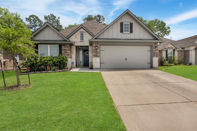 108 Alessandra Way, Huntsville, TX 77320 - craftsman inspired home featuring board and batten siding, stone siding, a front lawn, and concrete driveway