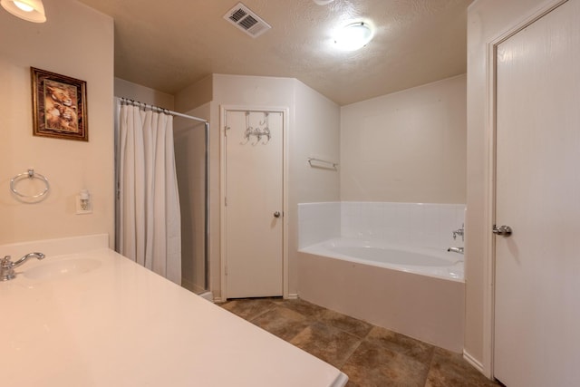 bathroom with a bath, a shower with shower curtain, a sink, and visible vents