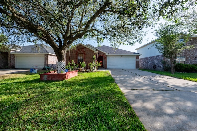 ranch-style house featuring concrete driveway, a front lawn, and brick siding