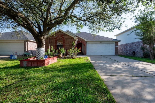single story home featuring a garage, brick siding, a front lawn, and concrete driveway