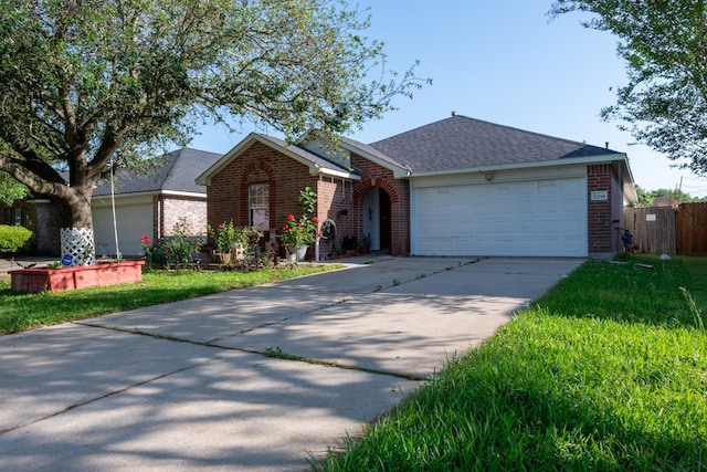 single story home featuring brick siding, driveway, fence, and a garage