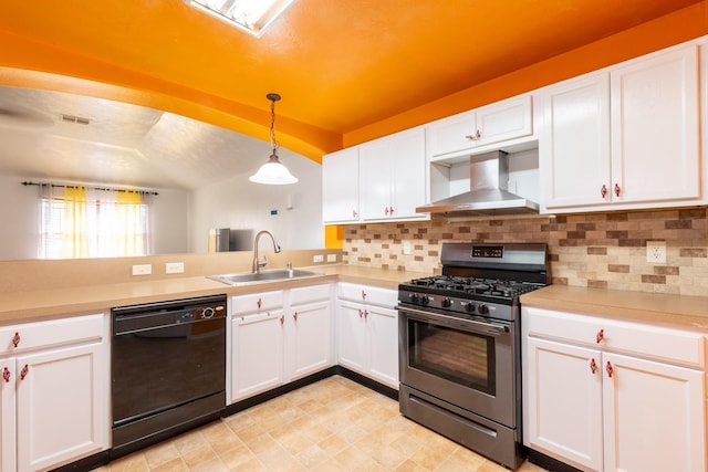 kitchen featuring a sink, vaulted ceiling, wall chimney range hood, dishwasher, and stainless steel gas range oven