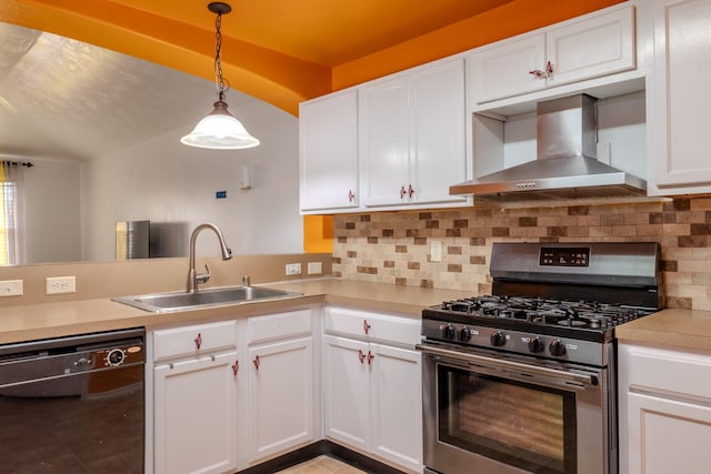 kitchen with light countertops, dishwasher, a sink, wall chimney exhaust hood, and gas stove
