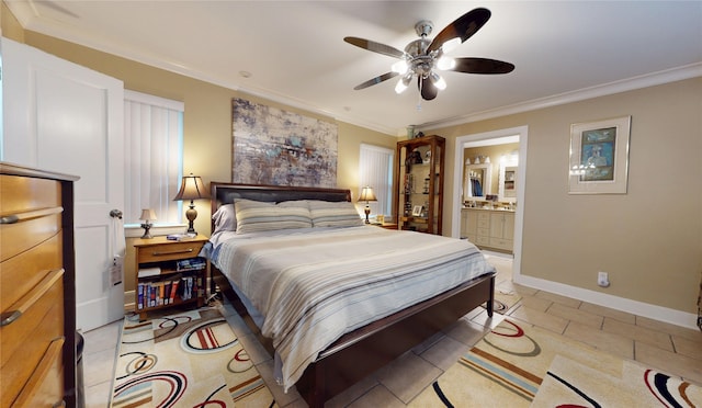 bedroom featuring ceiling fan, baseboards, ornamental molding, and connected bathroom