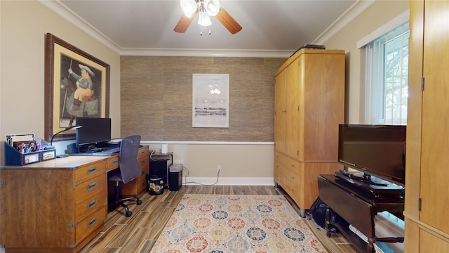 office with crown molding, baseboards, a ceiling fan, and wood finished floors