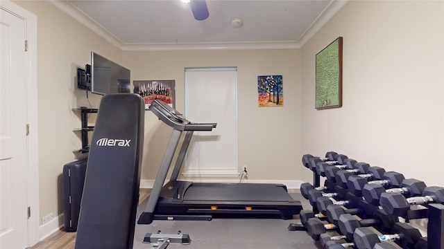 exercise room featuring crown molding, baseboards, and a ceiling fan