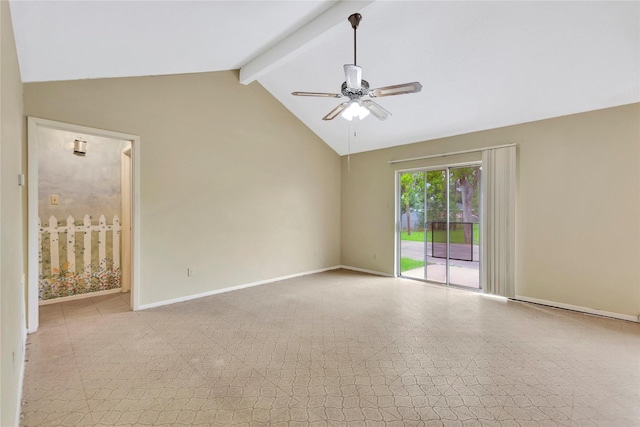 1419 Avenue Ave E, Danbury, TX 77534 - empty room with baseboards, ceiling fan, and lofted ceiling with beams