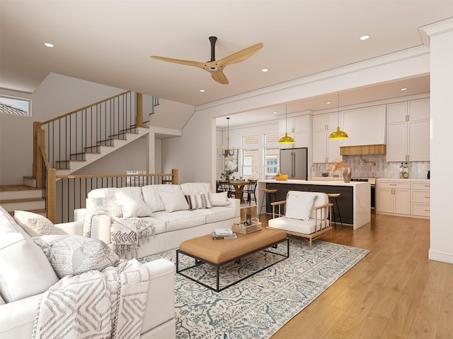 923 Fisher St Unit A, Houston, TX 77018 - living room with light wood-style flooring, a ceiling fan, stairs, and recessed lighting
