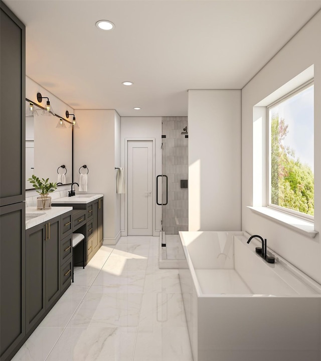 923 Fisher St Unit A, Houston, TX 77018 - full bathroom with marble look tile flooring, double vanity, a freestanding tub, a stall shower, and recessed lighting
