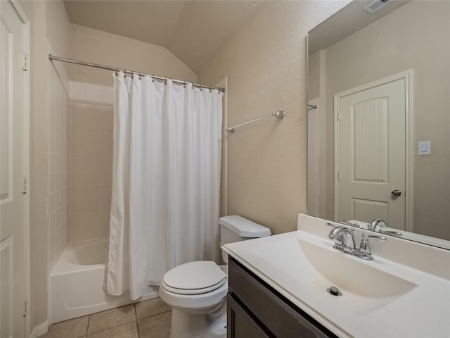 2560 Wild Oak Forest Ln, Seabrook, TX 77586 - full bath with toilet, shower / tub combo with curtain, tile patterned flooring, vaulted ceiling, and vanity